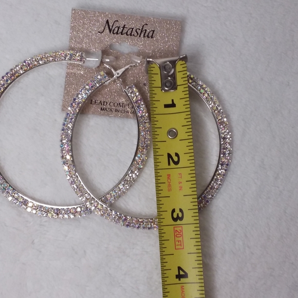 Hoop Pierce Earrings Silver Tone Clear Borealis Rhinestones Natasha - Picture 7 of 7